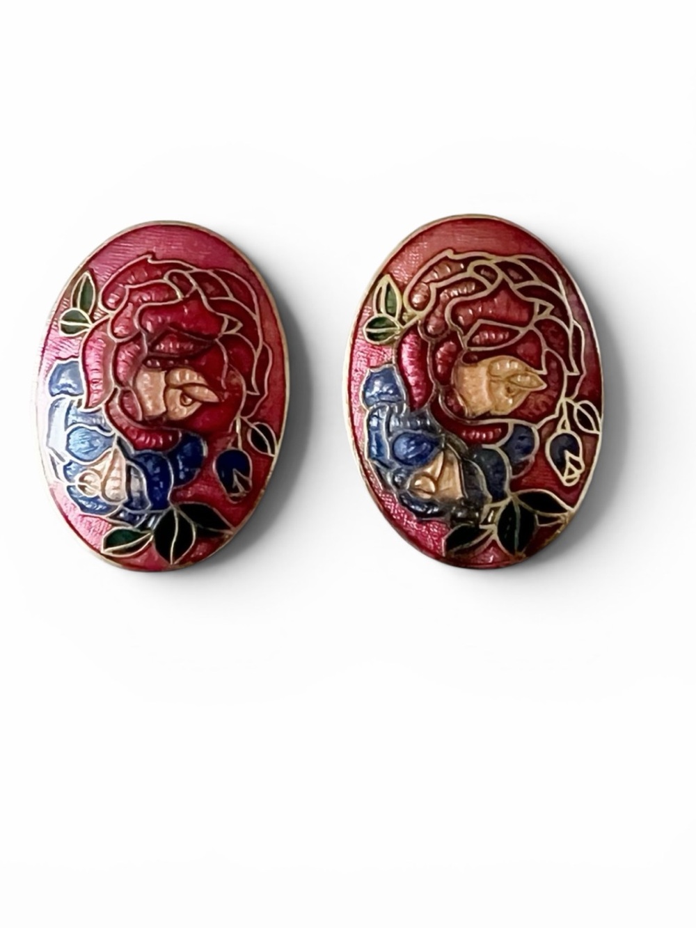 Vintage Red floral clip-on earrings cloisonné